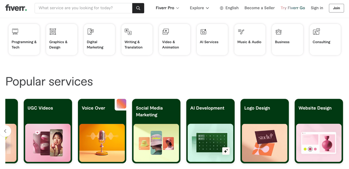 Fiverr's homepage with featured freelance services