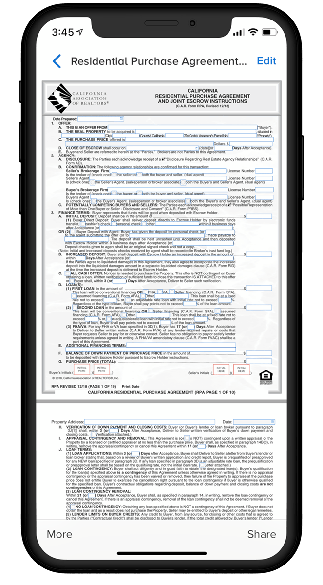Dotloop app with CAR document on screen
