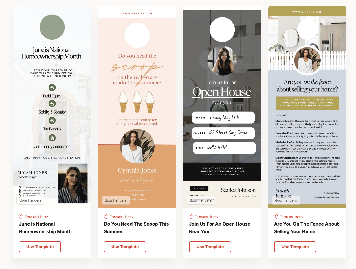 Examples of real estate door hanger templates for homeownership month, market updates, open houses, and selling tips.