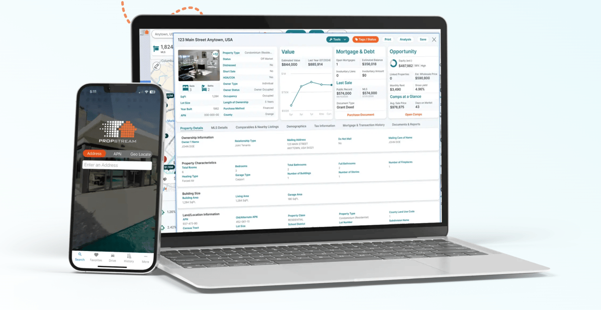 PropStream interface on web and mobile.