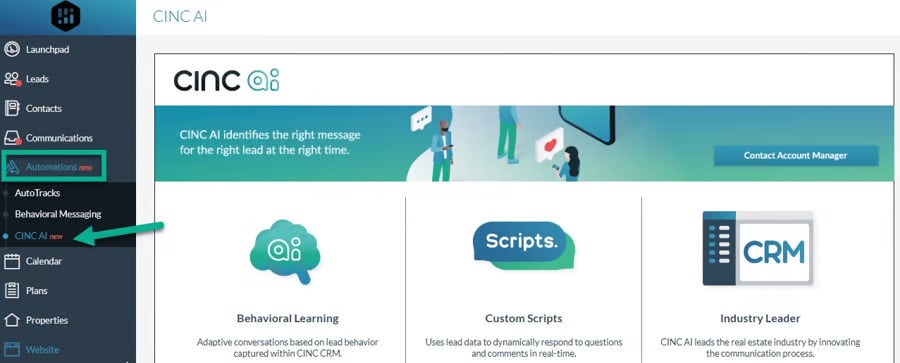 CINCai information page, showcasing behavioral learning, custom scripts, and industry leader information.