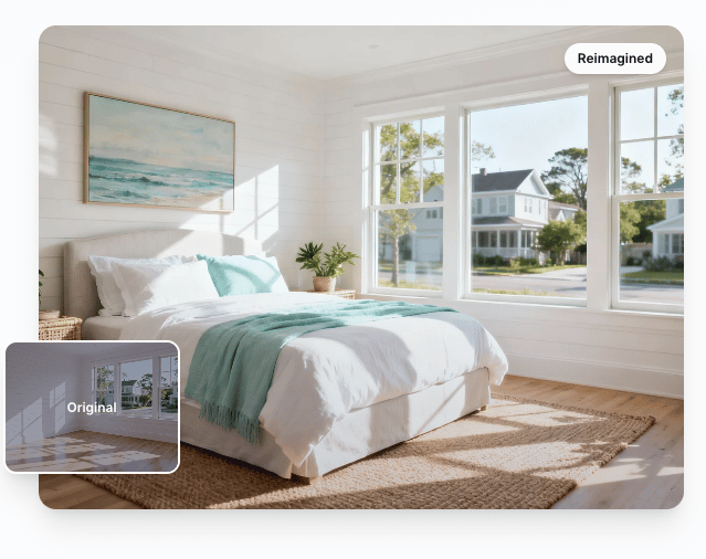 An original and reimagined comparison of an empty room and a room with furniture that has been virtually staged.