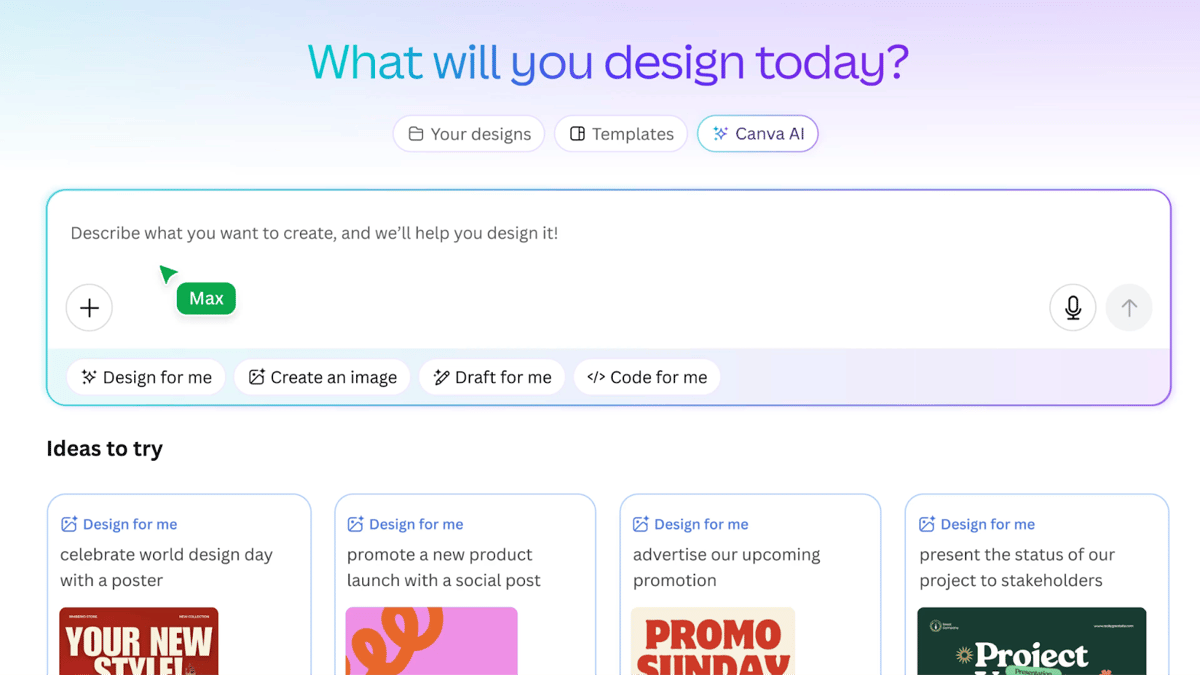 Image of Canva's platform, showing where agents can enter prompts for Canva's AI to generate designs.